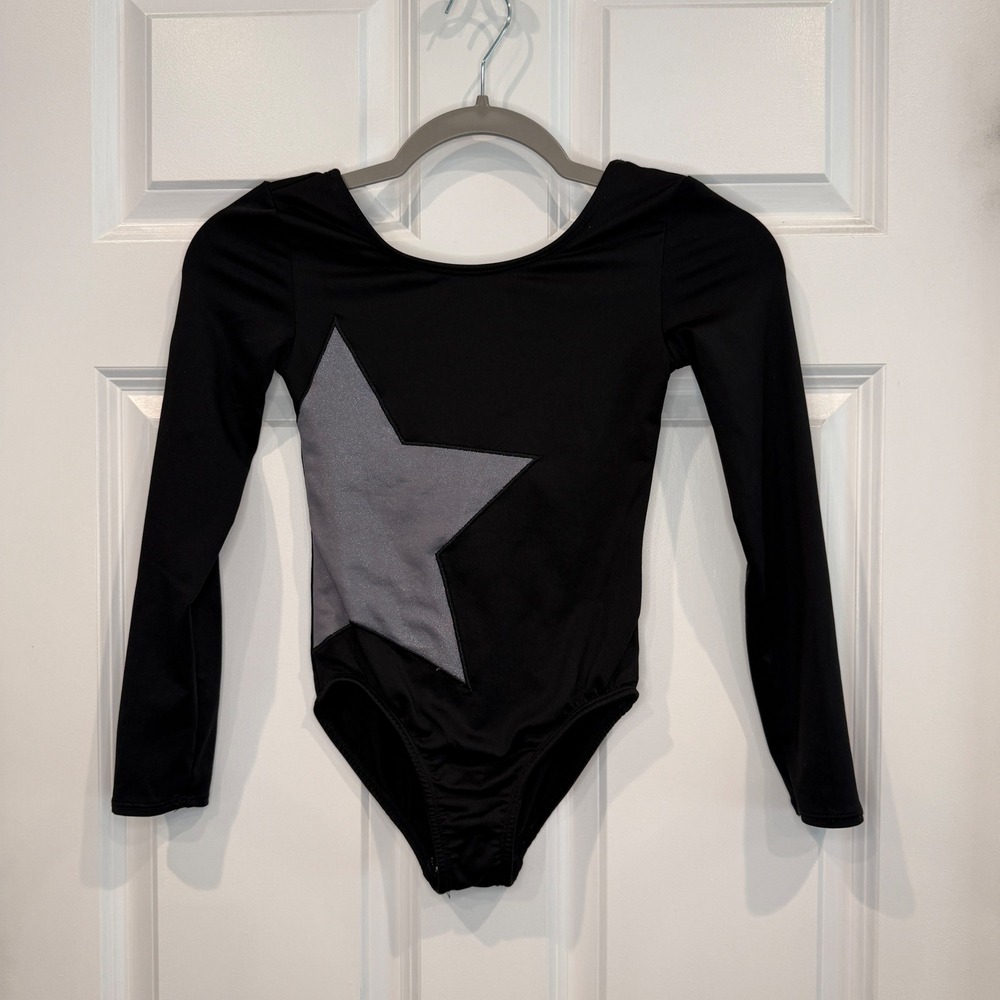 More Than Magic Girls Black Long Sleeve Gymnastics Leotard Silver Star Size 7/8